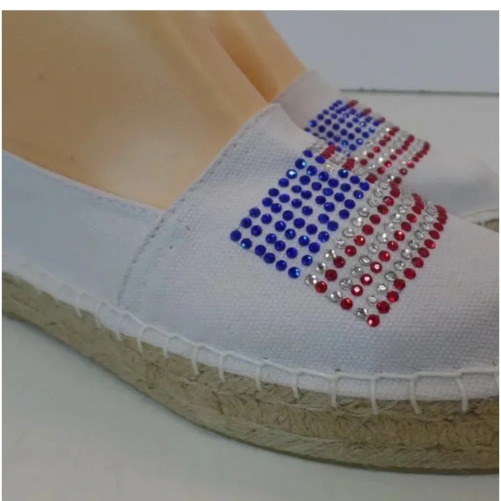Savi Resort Wear white canvas rhinestone American flag espadrilles Sz 40